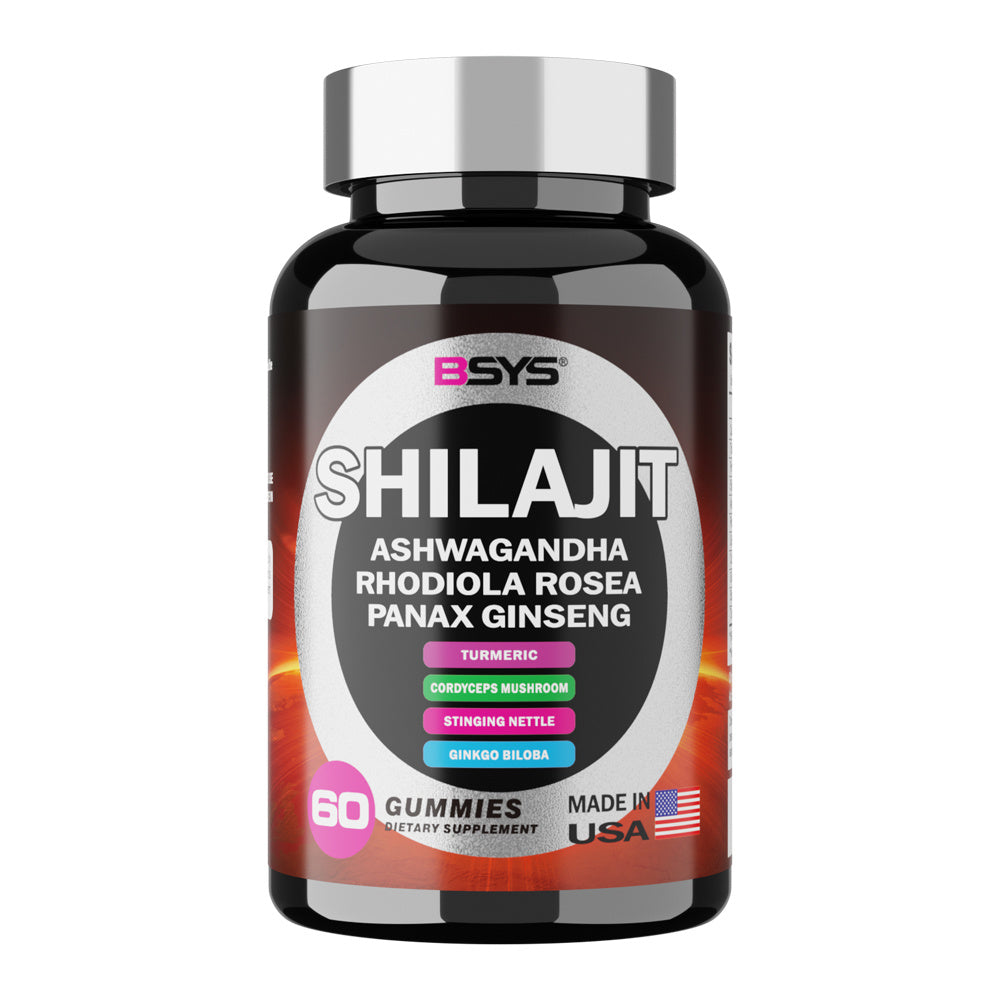 Supplement bottle labeled 'Shilajit' with ingredients on a white background