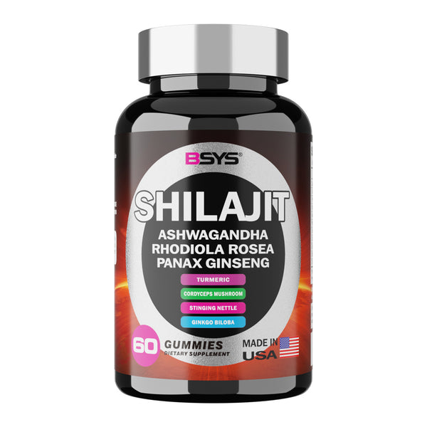 Supplement bottle labeled 'Shilajit' with ingredients on a white background