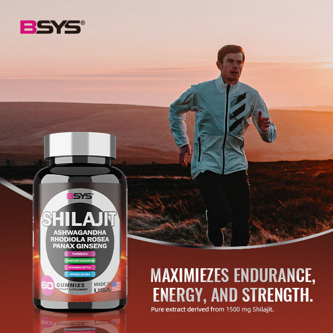 Bottle of BSYS Shilajit gummies with a person running in the background