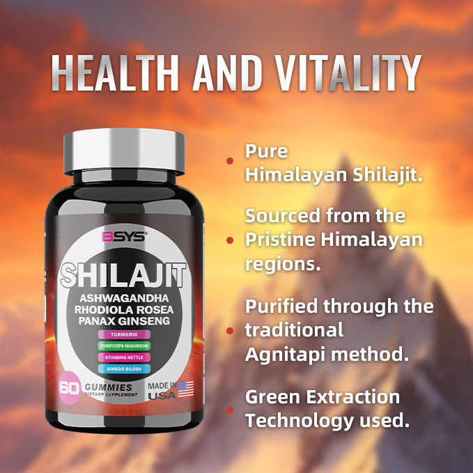 Bottle of Shilajit gummies with text about health and vitality on a fiery background