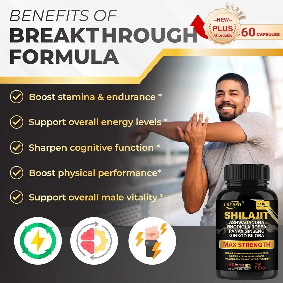 Shilajit Capsules Ashwagandha Extra Strength Dietary Supplement 60 Capsules - Shonovi Customs